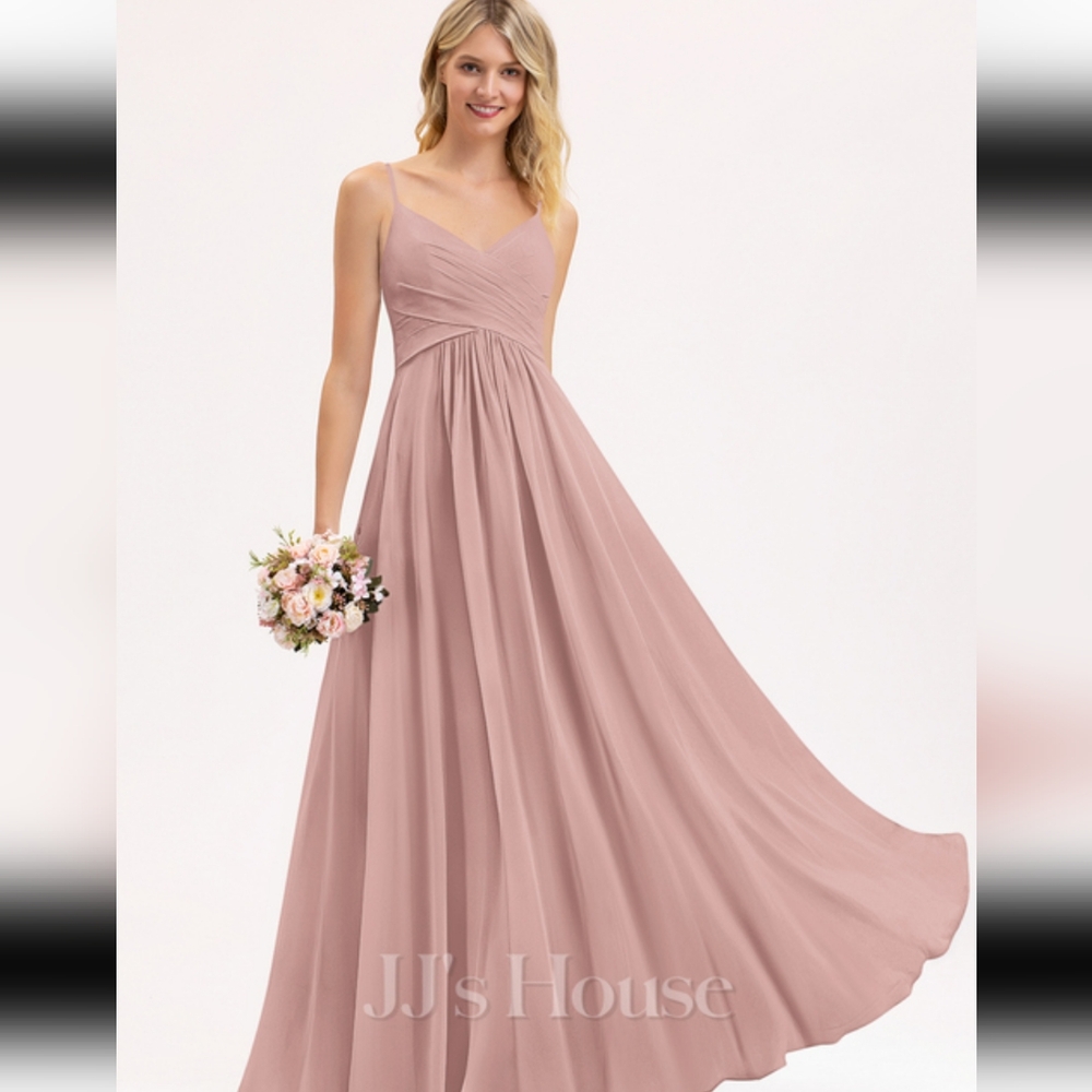 -JJ's House mauve pink chiffon spaghetti string padded bra long flowy dress